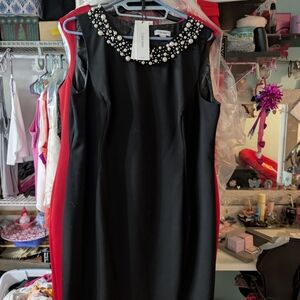 Calvin Klein Collection Black Midi Dress with Pearl Embellishments